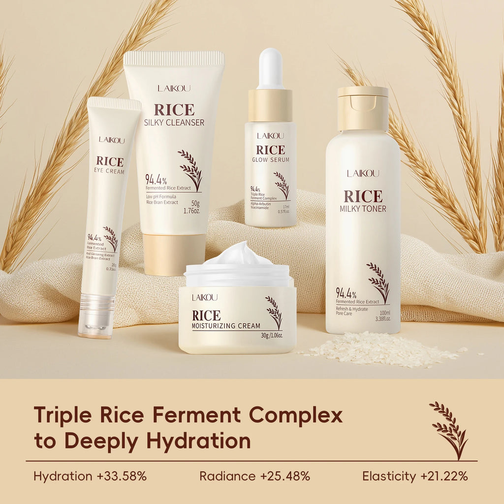 Moisturizing & Anti-Oxidation! LAIKOU Rice 5-Piece Skincare Set (50g Cleanser+100ml Toner+17ml Serum+20g Eye Cream+30g Cream)