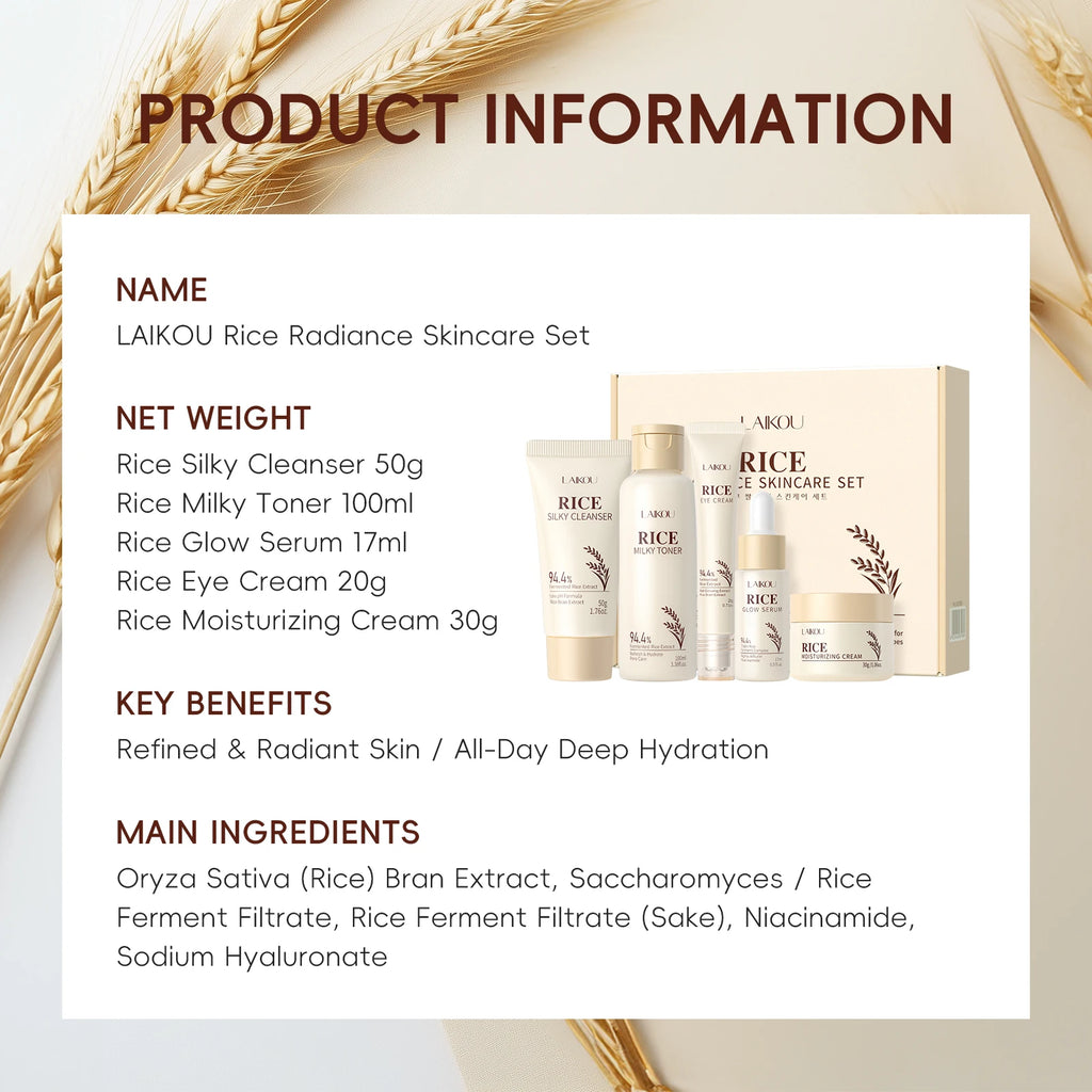 Moisturizing & Anti-Oxidation! LAIKOU Rice 5-Piece Skincare Set (50g Cleanser+100ml Toner+17ml Serum+20g Eye Cream+30g Cream)