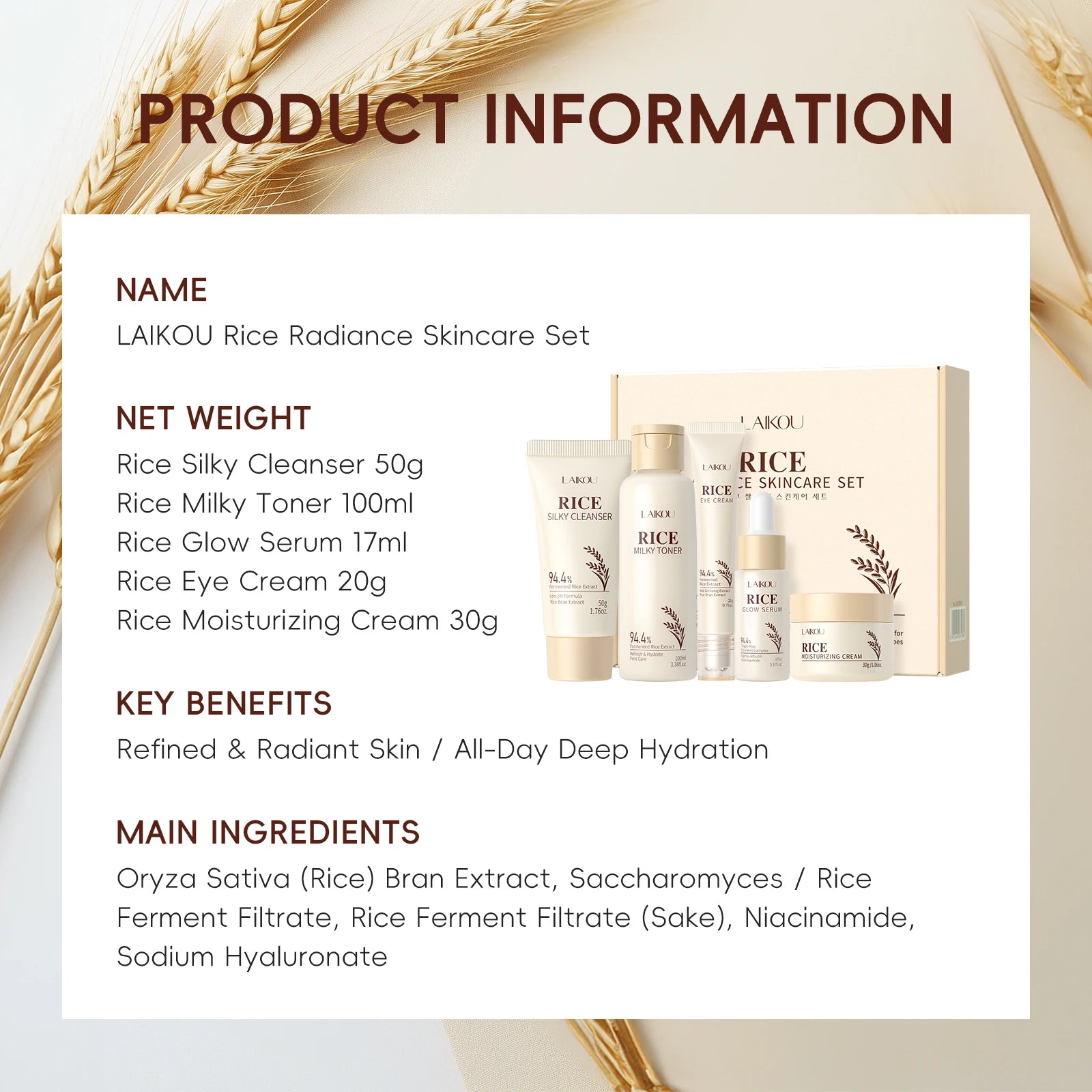 Moisturizing & Anti-Oxidation! LAIKOU Rice 5-Piece Skincare Set (50g Cleanser+100ml Toner+17ml Serum+20g Eye Cream+30g Cream)