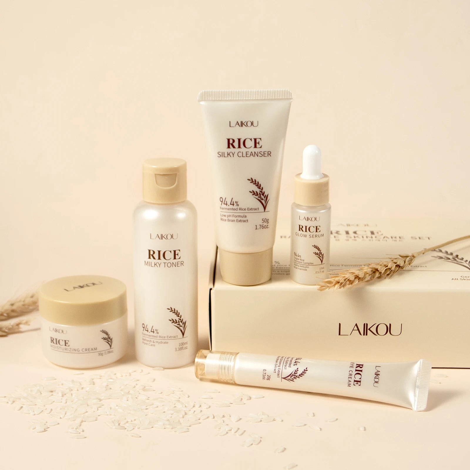 Moisturizing & Anti-Oxidation! LAIKOU Rice 5-Piece Skincare Set (50g Cleanser+100ml Toner+17ml Serum+20g Eye Cream+30g Cream)