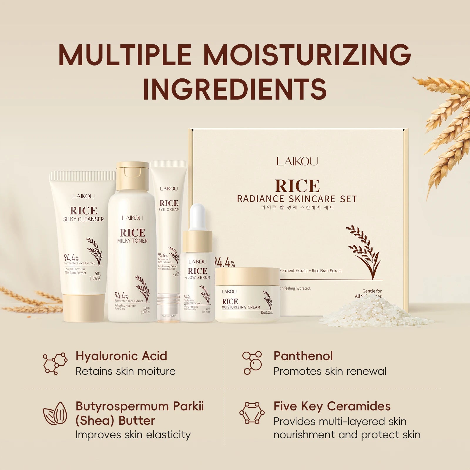 Moisturizing & Anti-Oxidation! LAIKOU Rice 5-Piece Skincare Set (50g Cleanser+100ml Toner+17ml Serum+20g Eye Cream+30g Cream)